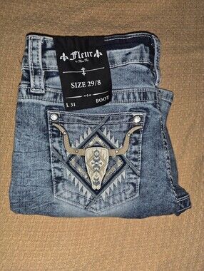 Fleur By Miss Me Jeans Leather Longhorn Rhinestone Accented Bootcut Pant